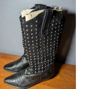 Grinders Black Leather Suede Studded Western Cowboy Boots Portugal Size 6